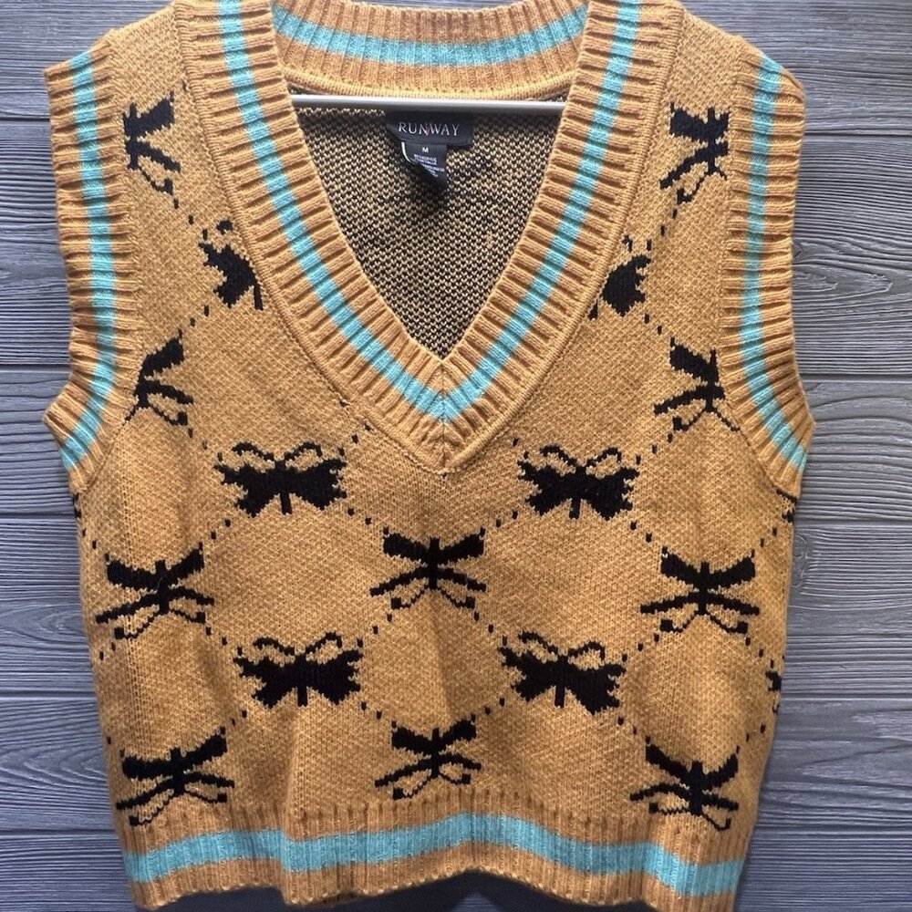 Runway 7 Sweater Vest Women’s Medium Orange Black Teal Butterfly Dragonfly